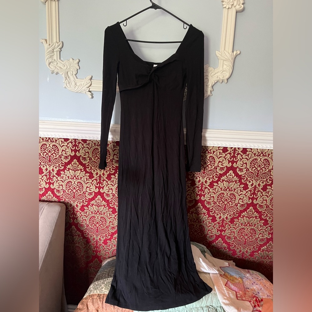 Elegant Black Long Sleeve Twist Front Dress